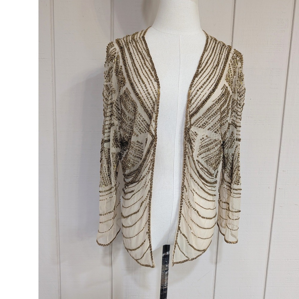 Beulah Style Gold Beaded Mesh Cardigan Open Front‎ Sheer Art Deco Glam
